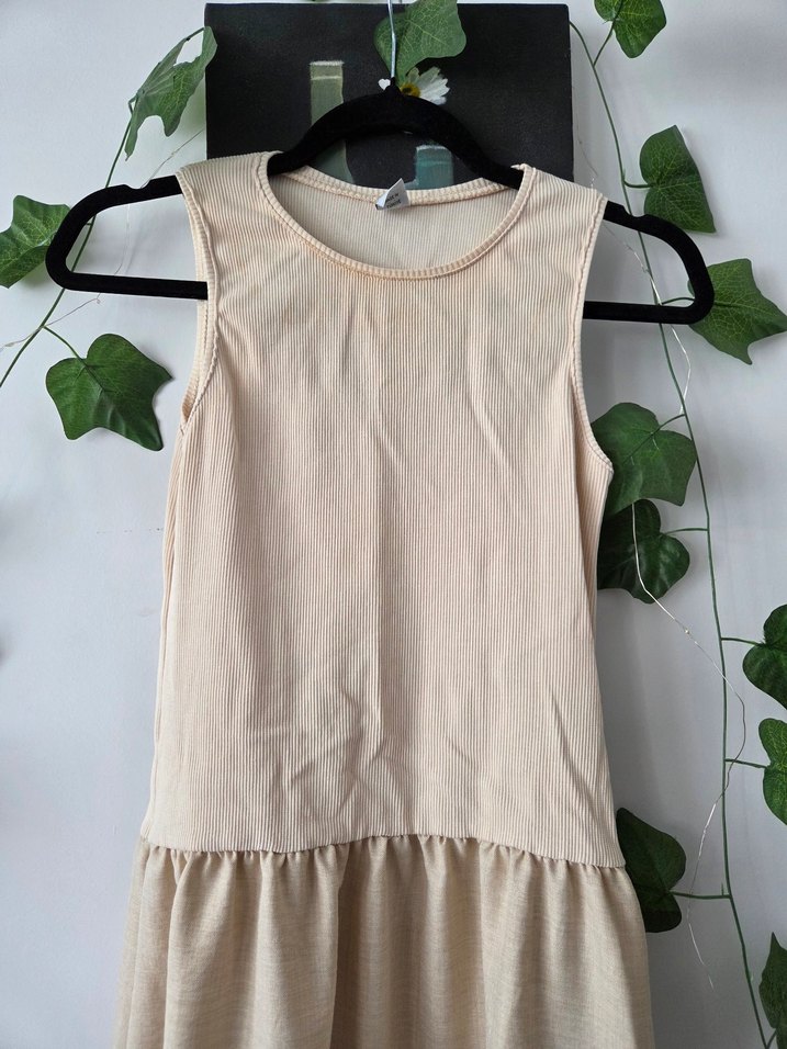 Bej Uzun Kolsuz Keten Elbise - Görsel 2