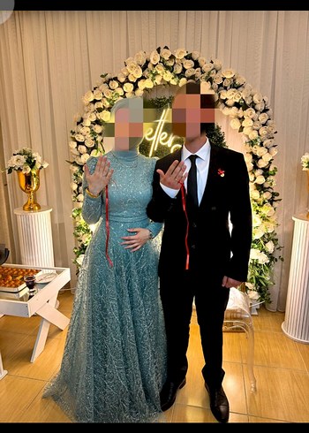 Nakışlı, Uzun Kollu, Yüksek Yakalı Kadın Haki Abiye - Görsel 3