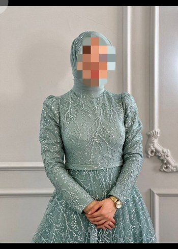 Nakışlı, Uzun Kollu, Yüksek Yakalı Kadın Haki Abiye - Görsel 2