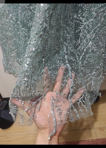 Nakışlı, Uzun Kollu, Yüksek Yakalı Kadın Haki Abiye - Görsel 4