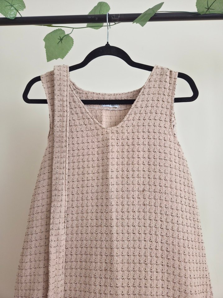 Bej Kolsuz Uzun Dokuma Elbise - Görsel 2