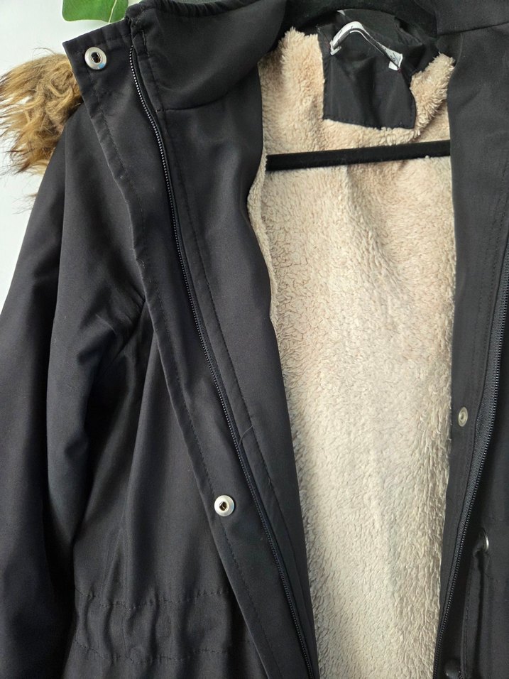 Siyah, Kürklü, Rahat Kesim Kaban - Görsel 2