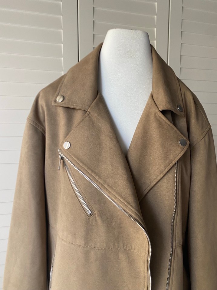Bej Süet Biker Kadın Deri Ceket - Görsel 2