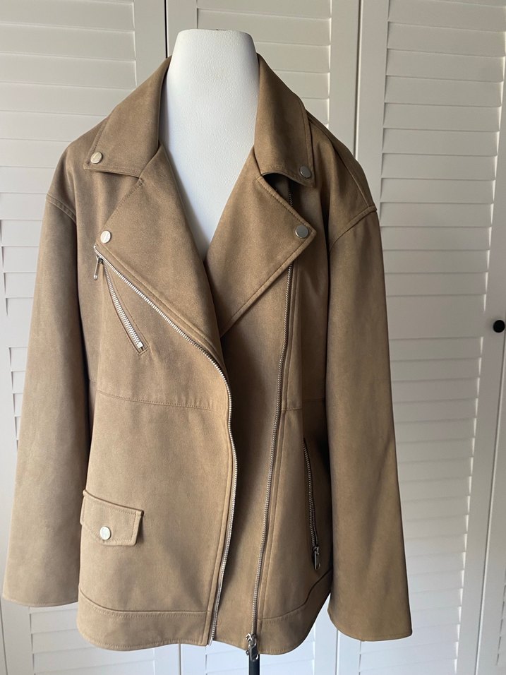 Bej Süet Biker Kadın Deri Ceket - Görsel 4