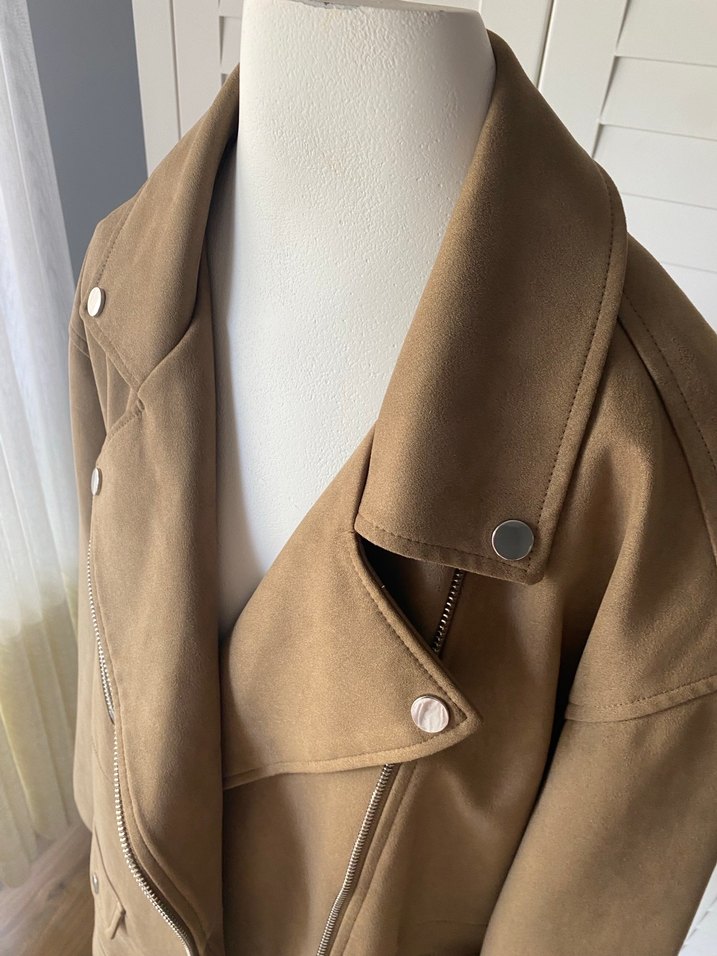 Bej Süet Biker Kadın Deri Ceket - Görsel 5