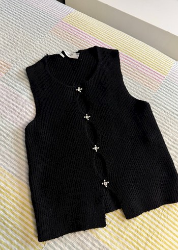 Düğmeli Siyah Örme Crop Top - Görsel 4