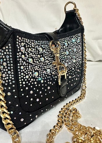 Siyah Zincir Detaylı Taşlı Gucci Deri Kadın Çanta