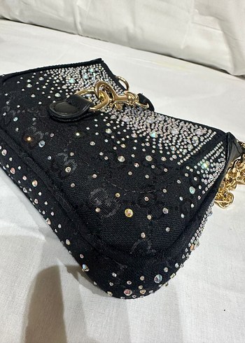 Beden Siyah Zincir Detaylı Taşlı Gucci Deri Kadın Çanta