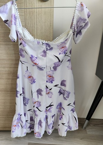 Mor Çiçek Desenli Mini Straplez Elbise