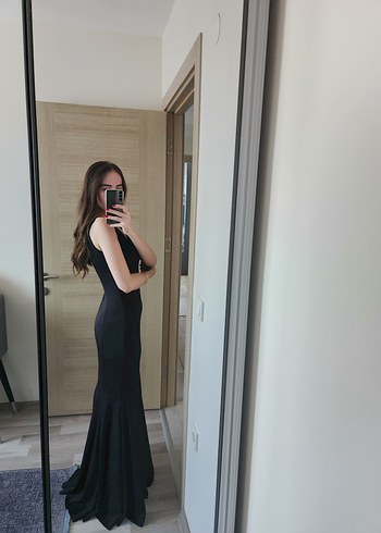 s Beden Siyah Straplez Midi Abiye Elbise