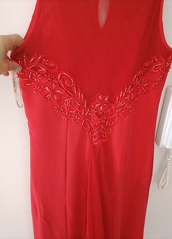 kırmızı tül vr boncuk işlemeli elbise - Görsel 7