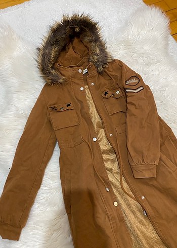 Kahverengi Uzun Kadın Kaban Kürklü Kapüşonlu - Görsel 2