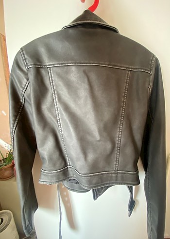 Stradivarius Kadın Gri Deri Biker Ceket