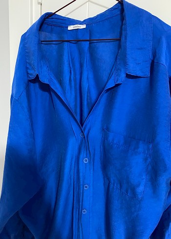 Mavi Düğmeli Keten Kadın Gömlek - Görsel 2