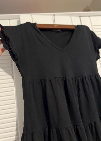 Siyah V Yaka Keten Midi Elbise - Görsel 3