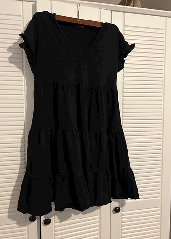 Siyah V Yaka Keten Midi Elbise - Görsel 2