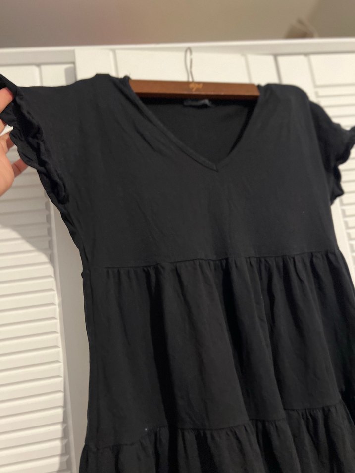 Siyah V Yaka Keten Midi Elbise - Görsel 3