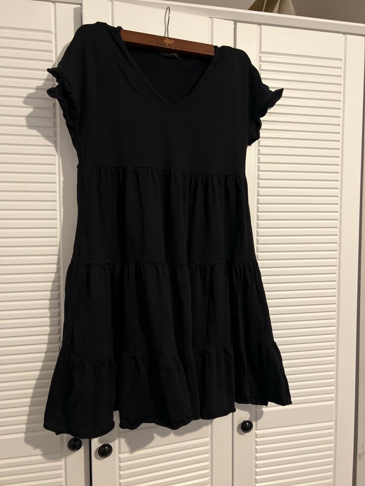 Siyah V Yaka Keten Midi Elbise - Görsel 2