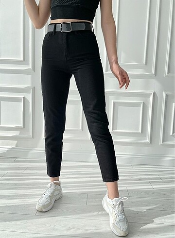 Kadın siyah keten mom jean