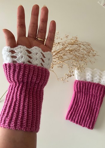 Dantel Detaylı Pembe Örgü Kadın Eldiven - Görsel 2