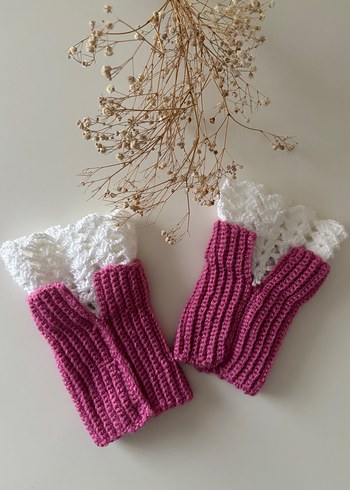 Dantel Detaylı Pembe Örgü Kadın Eldiven - Görsel 4