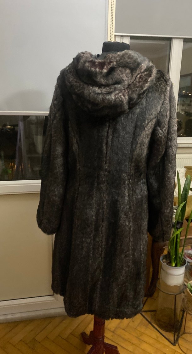 Gri Uzun Kadın Kürk Detaylı Kaban - Görsel 3