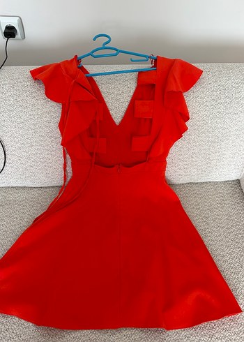 Kırmızı Mini V Yaka Fırfırlı Kadın Elbise - Görsel 2