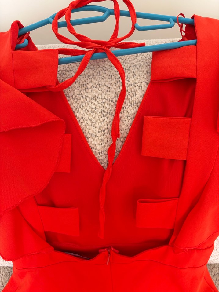 Kırmızı Mini V Yaka Fırfırlı Kadın Elbise - Görsel 3