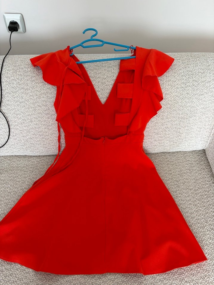 Kırmızı Mini V Yaka Fırfırlı Kadın Elbise - Görsel 2