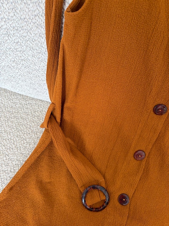 Düğmeli Kahverengi V Yaka Midi Elbise - Görsel 2