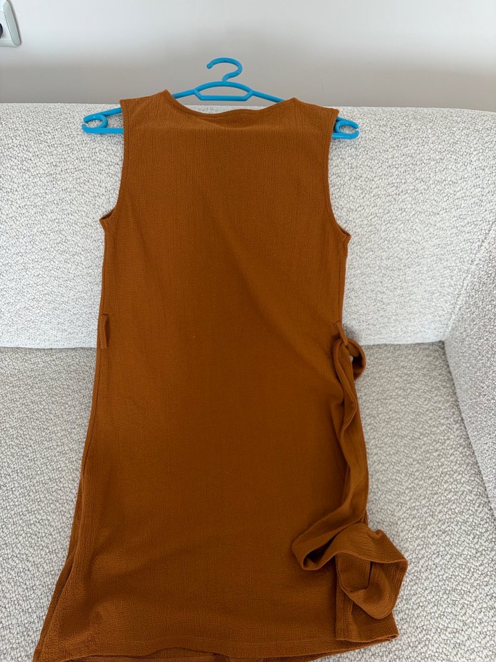 Düğmeli Kahverengi V Yaka Midi Elbise - Görsel 3