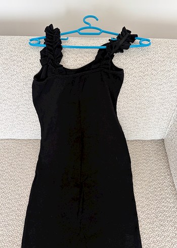 Siyah Midi V Yaka Fırfırlı Kadın Elbise - Görsel 2