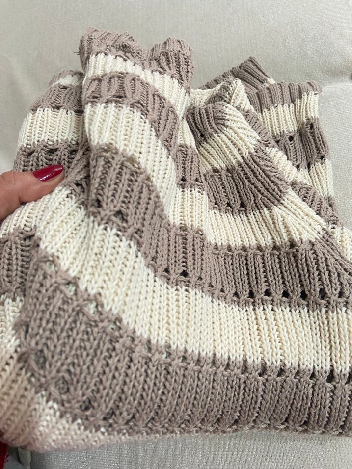 Çizgili Bej Gri Triko Kadın Kazak - Görsel 4