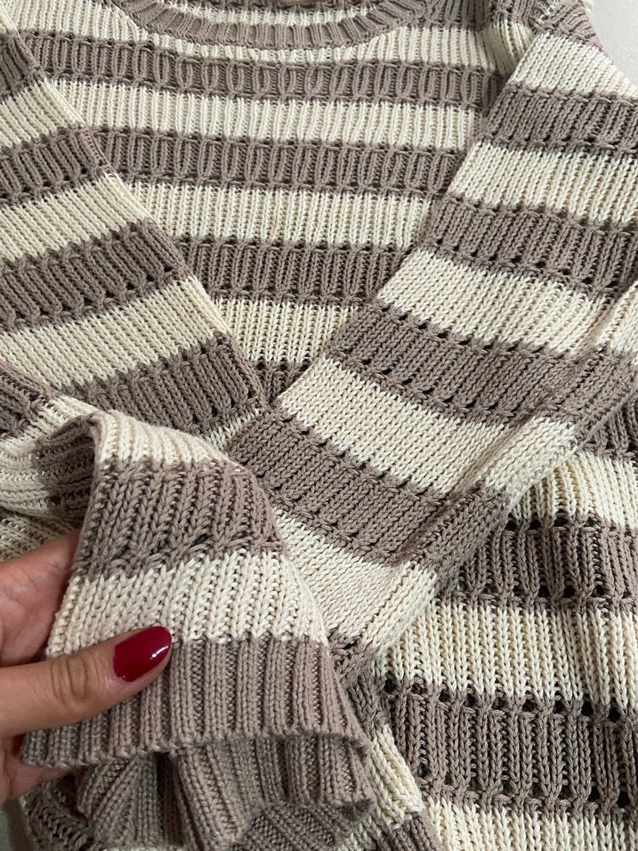 Çizgili Bej Gri Triko Kadın Kazak - Görsel 2