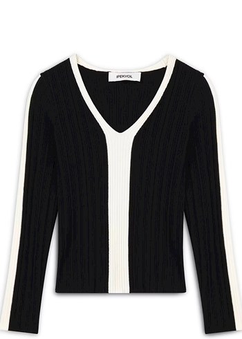 İpekyol Siyah Colorblock Notched Lapel Kadın Hırka - Görsel 5