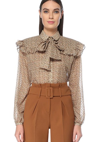 Bej Desenli Fırfırlı Uzun Kollu Bluz - Görsel 5