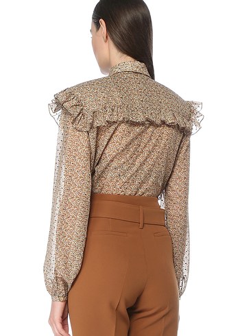 Bej Desenli Fırfırlı Uzun Kollu Bluz - Görsel 3