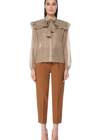 Bej Desenli Fırfırlı Uzun Kollu Bluz - Görsel 6