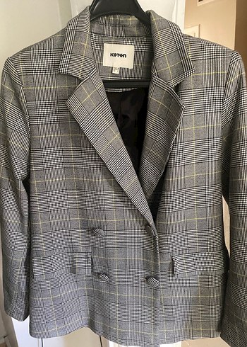 Düğmeli Gri Ekose Midi Kadın Blazer Ceket