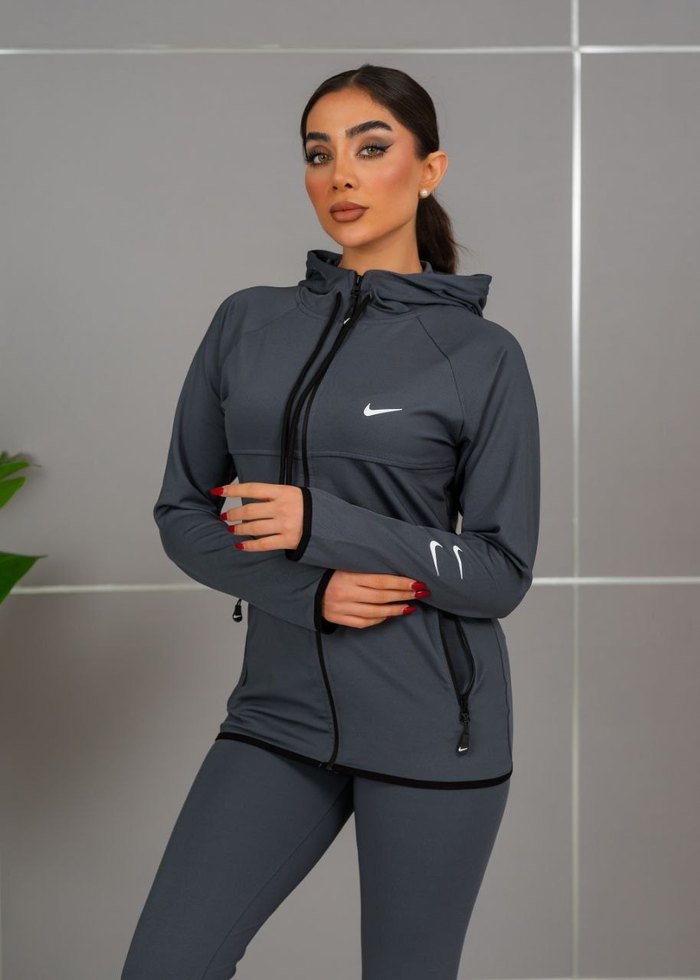 Gri Kadın Fermuarlı Sweatshirt ve Tayt Takımı - Görsel 3