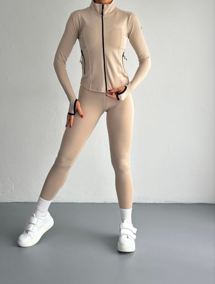 Bej Mini Fermuarlı Yüksek Yakalı Spor Ceketalo 3lu takım - Görsel 4