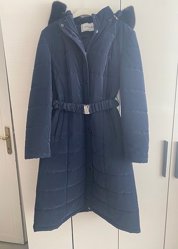 Kadın Mavi Kemerli Uzun Kışlık mont - Görsel 2