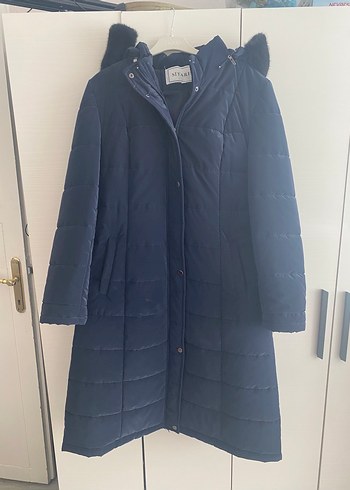 Kadın Mavi Kemerli Uzun Kışlık mont - Görsel 3