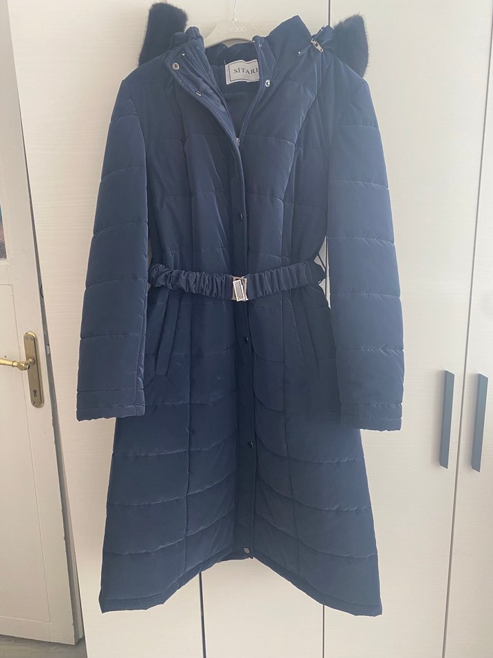 Kadın Mavi Kemerli Uzun Kışlık mont - Görsel 2