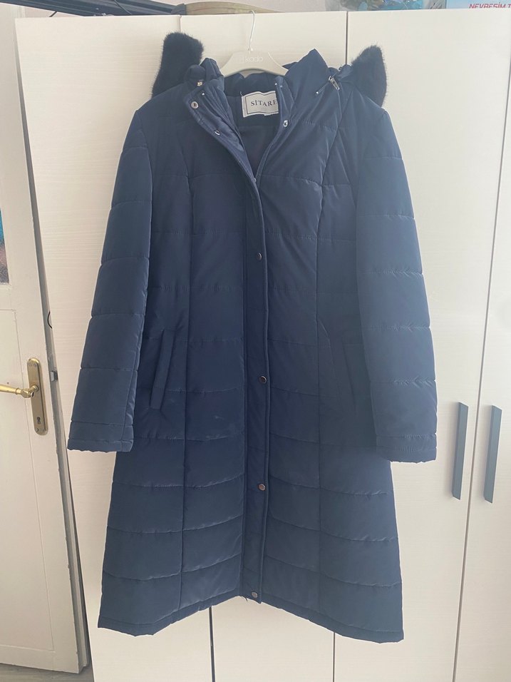 Kadın Mavi Kemerli Uzun Kışlık mont - Görsel 3