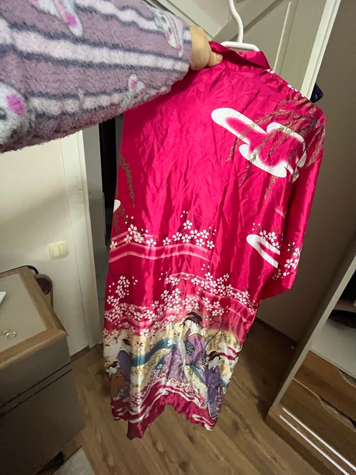 Parlak Pembe Bohem Uzun kimona - Görsel 2