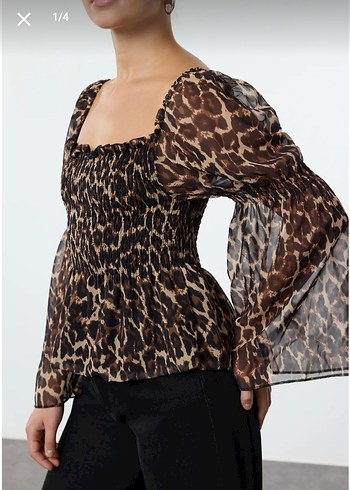 Leopar Desenli Drapeli Kadın Bluz