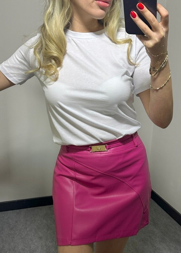 Pembe Kemerli Deri Etek - Görsel 2