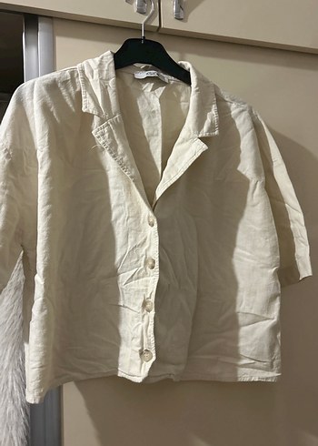 Düğmeli Beyaz Keten Kadın Gömlek - Görsel 2