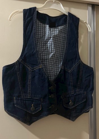 Düğmeli Lacivert Denim Kadın Yelek - Görsel 2